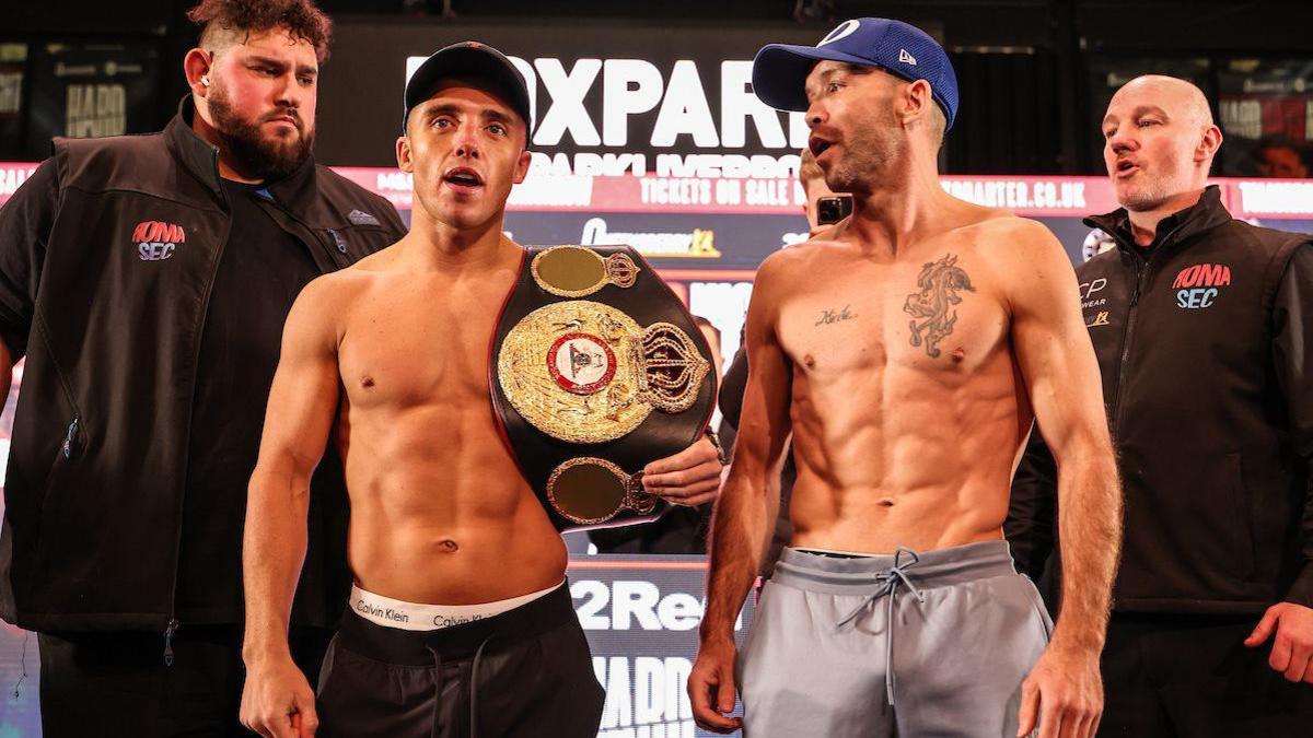 Nick Ball and TJ Doheny pose for the cameras after weigh-in