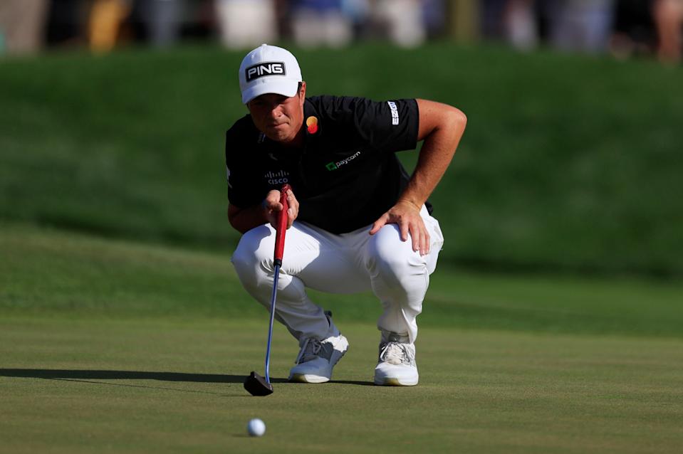 Viktor Hovland eyes his lie on the 12th green during the second round of The Players Championship PGA golf tournament Friday, March 15, 2024 at TPC Sawgrass in Ponte Vedra Beach, Fla. [Corey Perrine/Florida Times-Union]