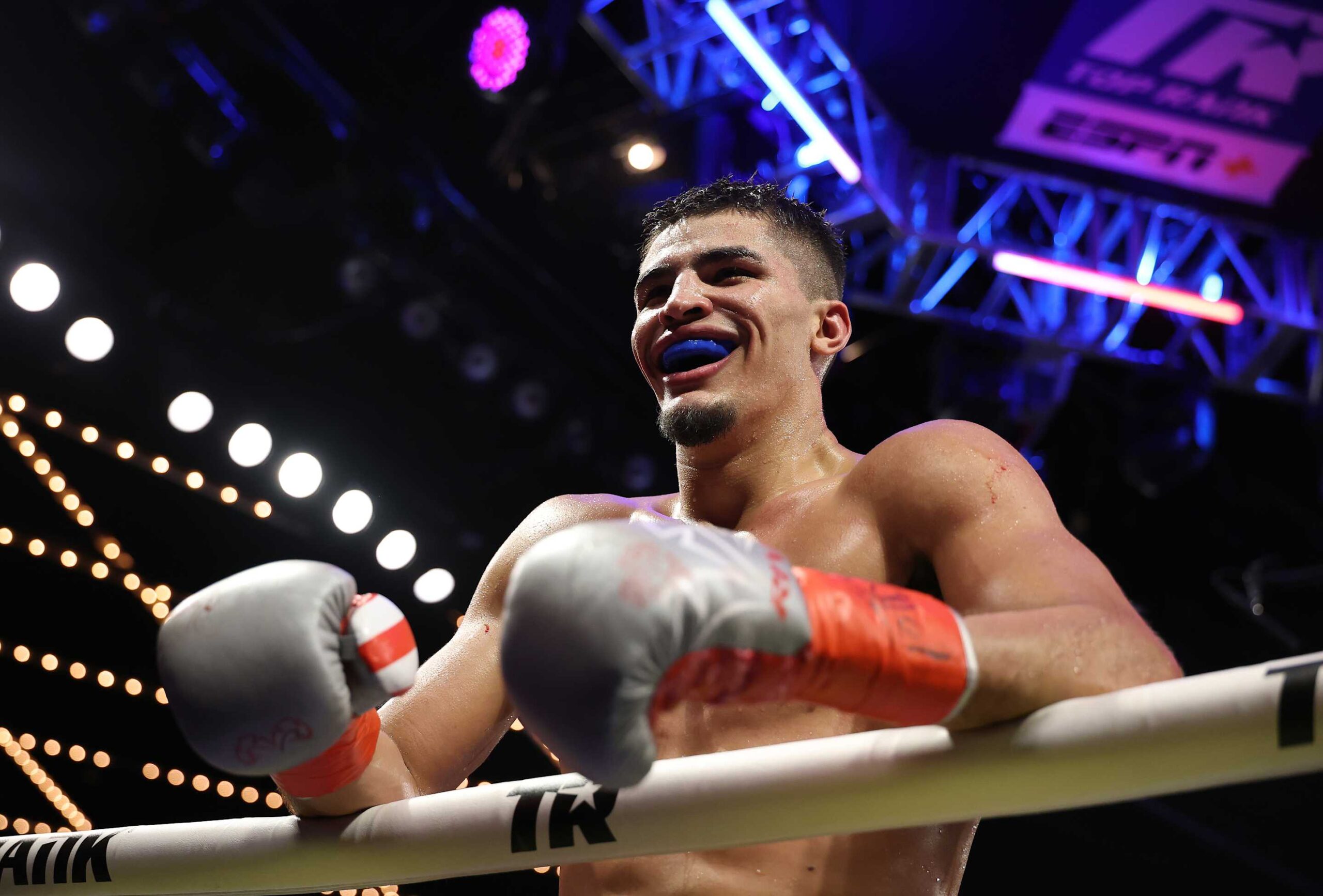 NEW YORK, NEW YORK - FEBRUARY 14:  Xander Zayas celebrates after scoring a TKO in the ninth round against  Slawa Spomer during their junior middleweight fight during their junior bantamweight fight during their lightweight fight during their welterweight fight, during their heavyweight fight at The Theater at Madison Square Garden on February 14, 2025 in New York City. (Photo by Al Bello/Getty Images)