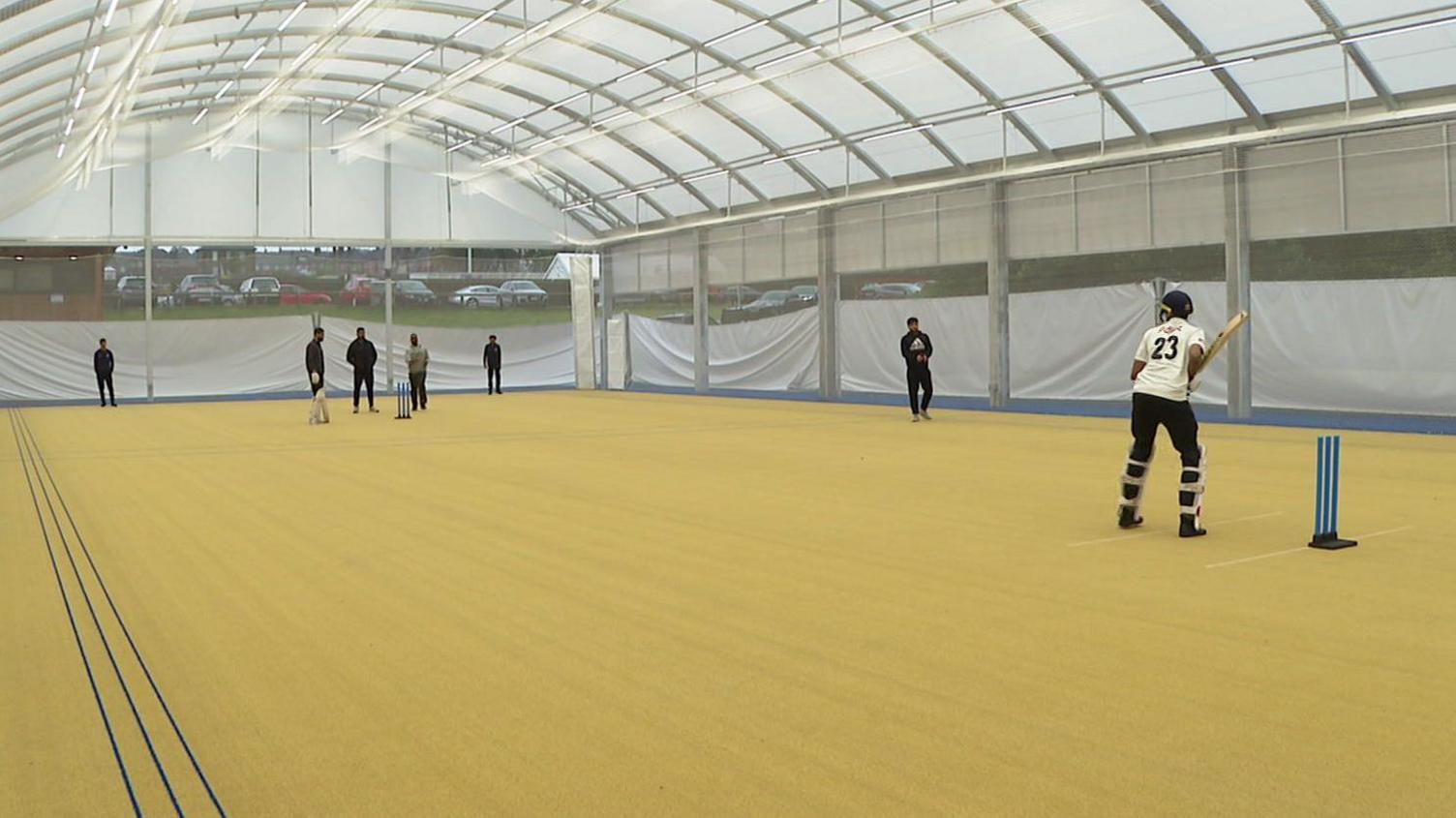 A batter prepares to receive a ball in the indoor cricket dome in Bradford
