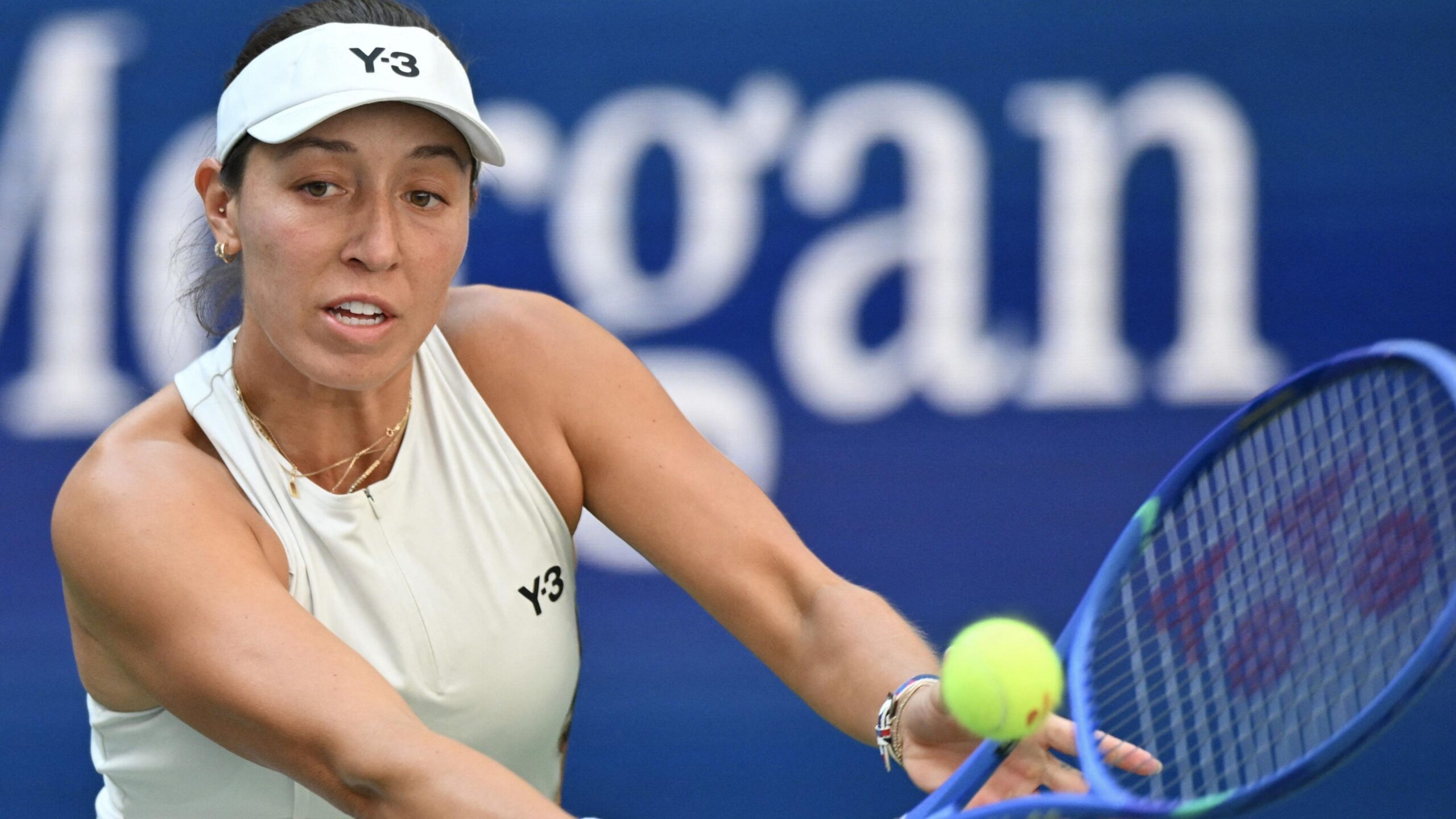 Jessica Pegula hits the ball during her second-round US Open match against Anna Blinkova on Arthur Ashe in New York