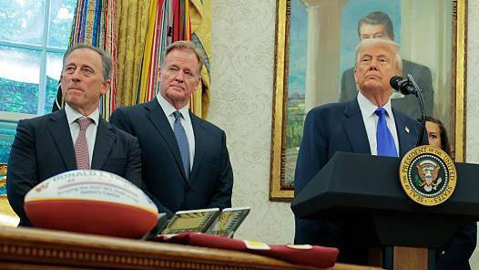 Washington Commanders owner Josh Harris and NFL commissioner Roger Goodell in the Oval Office with Donald Trump as the US president announces that Washington DC will host the NFL Draft in 2027