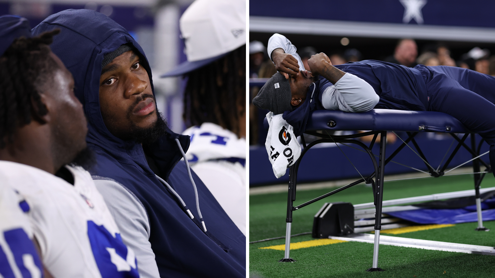 Micah Parsons on the sidelines lying on a table during a Dallas Cowboys game