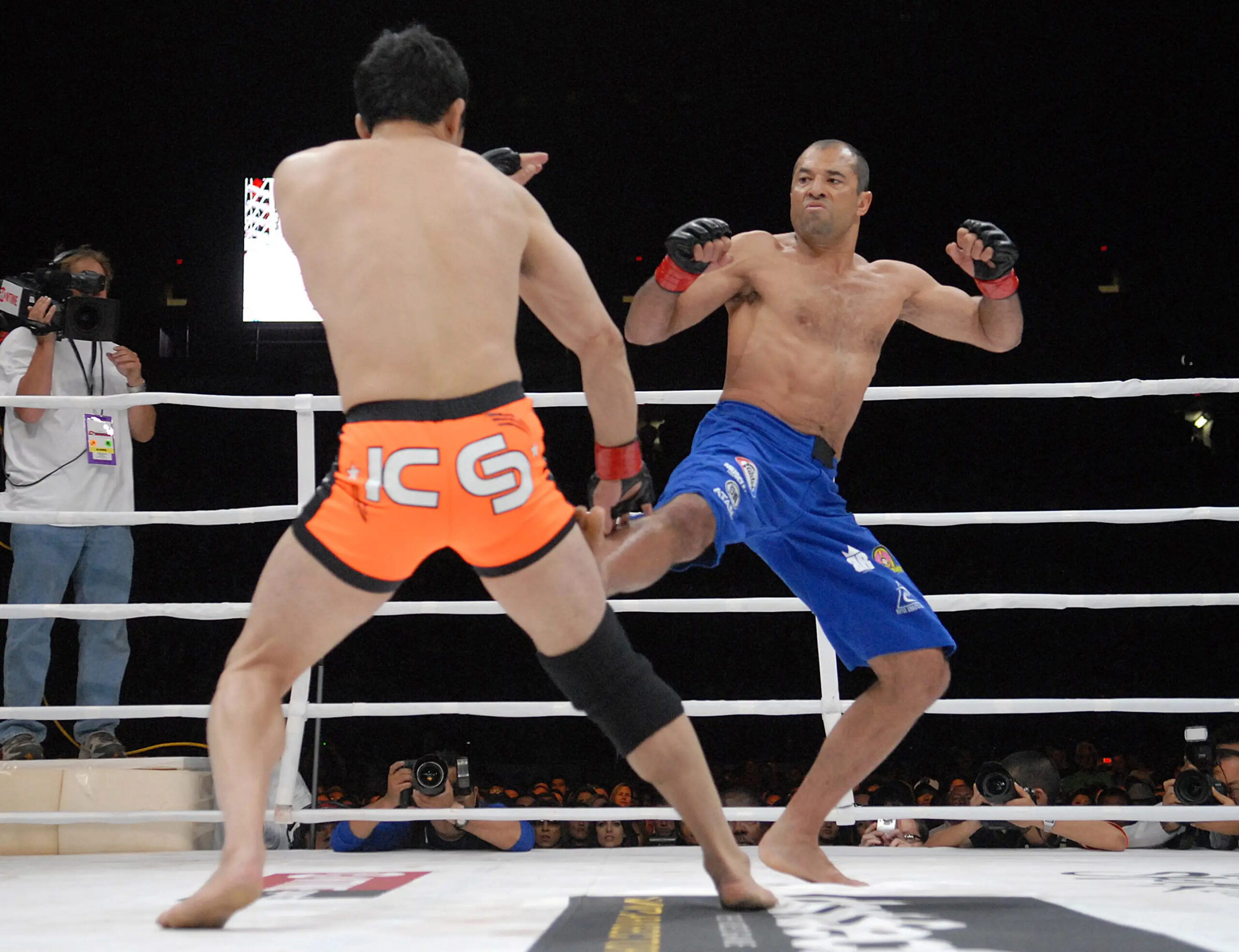Brazilian fighter Royce Gracie (right) battles Kazushi Sakuraba from Japan during fight action at the Los Angeles Coliseum, Saturday, June 2, 2007 before an estimated paid attendance of 54,000.Gracie won the fight with an unanimous decision after three rounds. (Photo by Bob Riha Jr/WireImage)