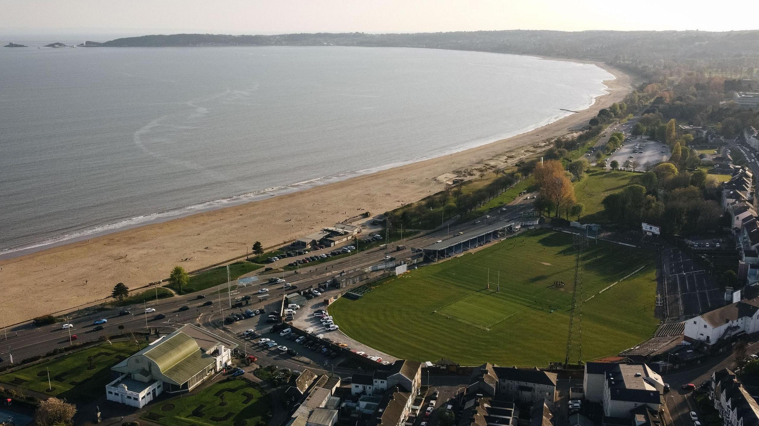 An aerial shot of St Helen's, showing its proximity to Swansea Bay