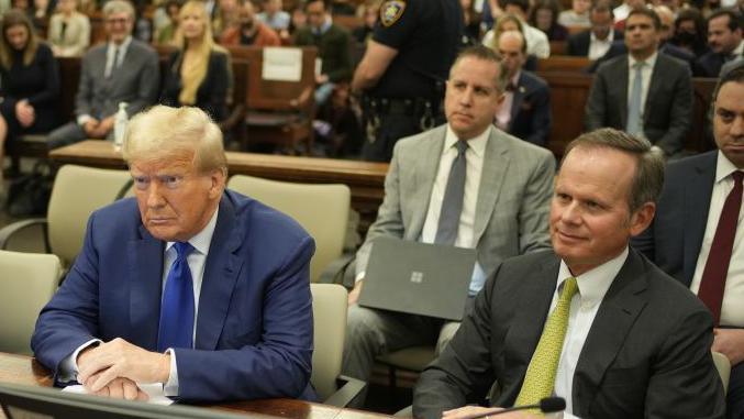 Donald Trump with his lawyer Christopher Kise during his fraud trial at New York State Supreme Court on 25 October 2023