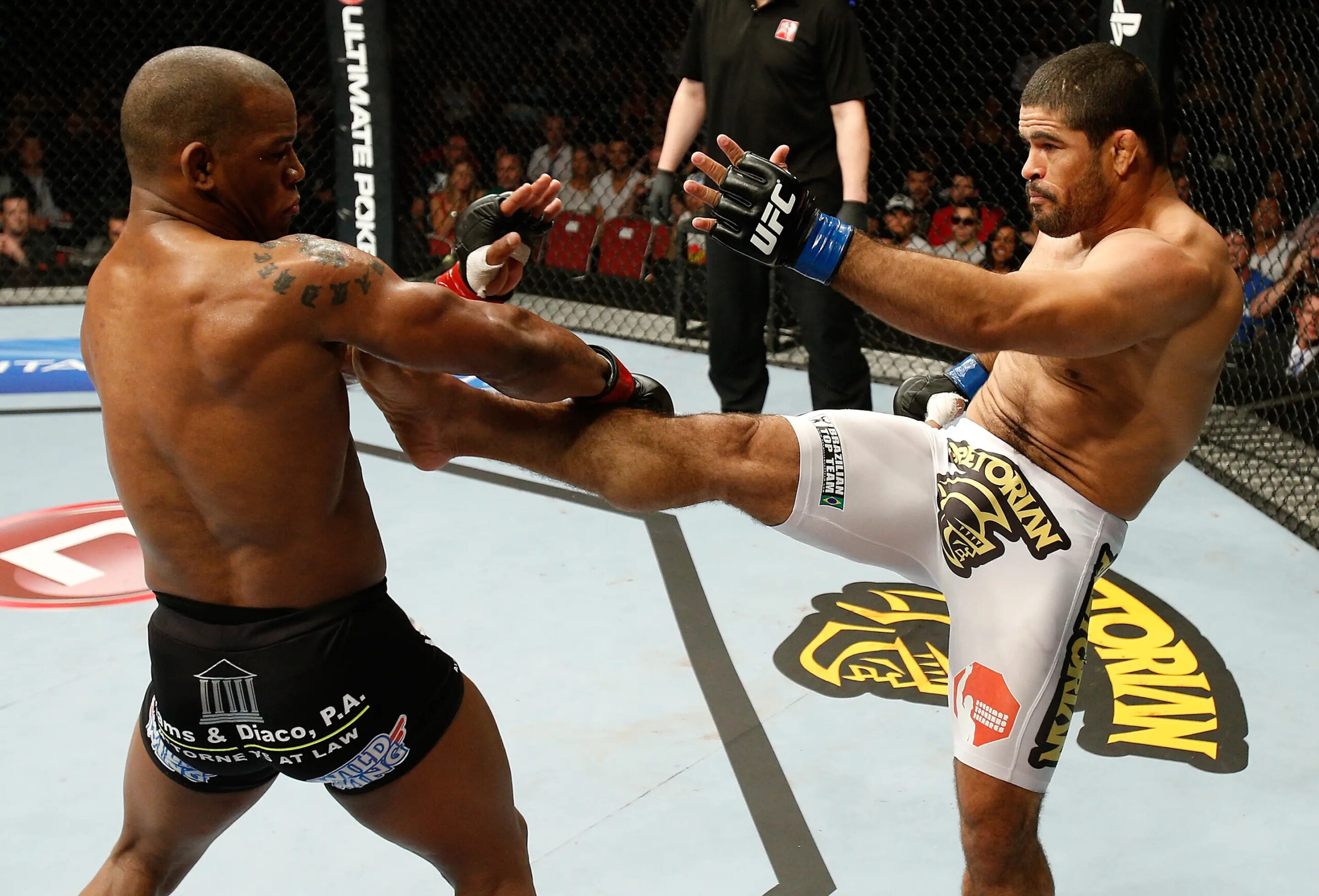 GOLD COAST, AUSTRALIA - DECEMBER 15: (R-L) Rousimar Palhares kicks Hector Lombard during their middleweight fight at the UFC on FX event on December 15, 2012 at Gold Coast Convention and Exhibition Centre in Gold Coast, Australia. (Photo by Josh Hedges/Zuffa LLC/Zuffa LLC via Getty Images)