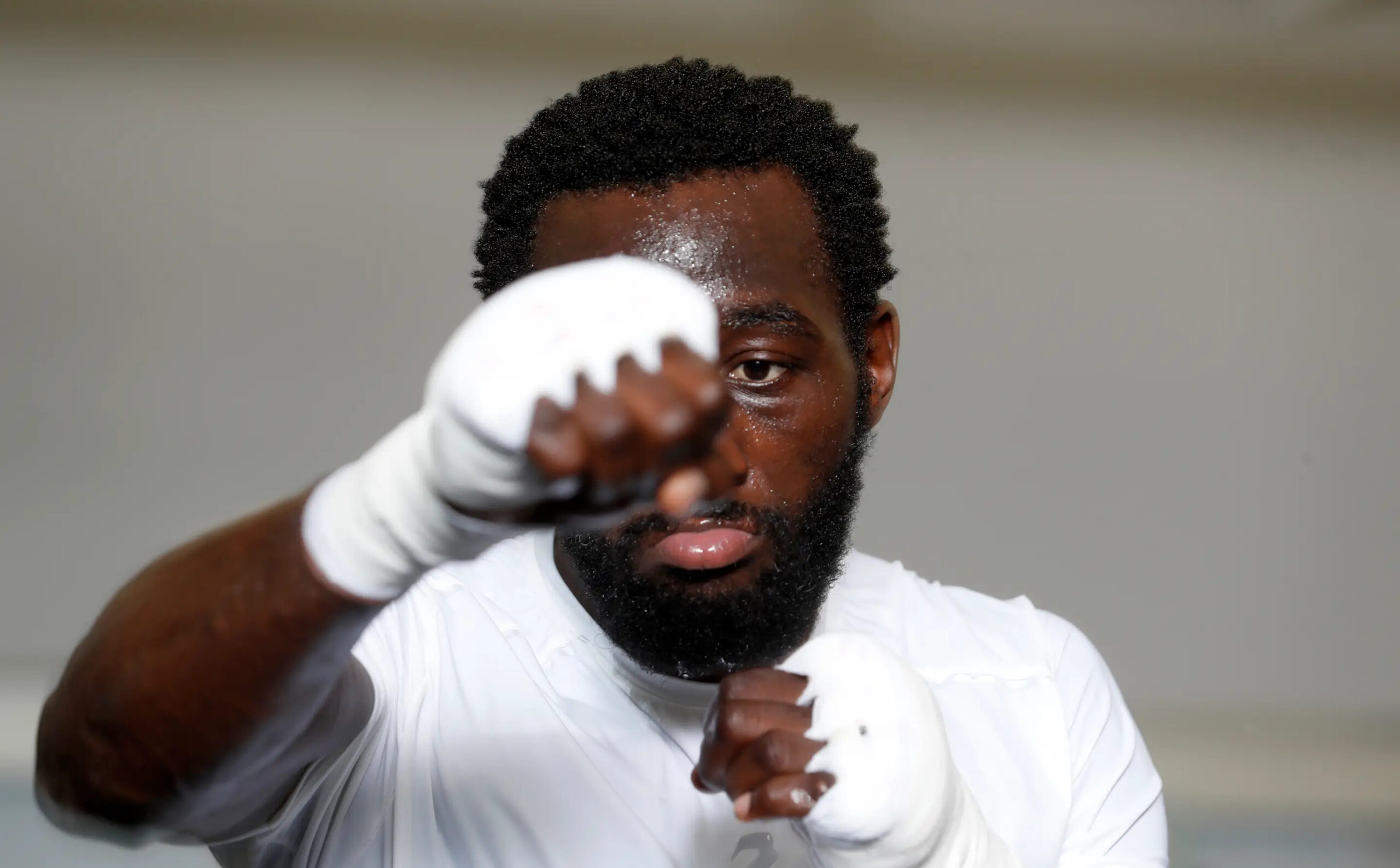 LAS VEGAS, NEVADA - JULY 19: Undefeated WBO welterweight champion Terence Crawford shadowboxes during a media workout at UFC APEX on July 19, 2023 in Las Vegas, Nevada. Crawford is scheduled to fight WBC/WBA and IBF welterweight champion Errol Spence Jr. at T-Mobile Arena on July 29, 2023, in Las Vegas. (Photo by Steve Marcus/Getty Images)