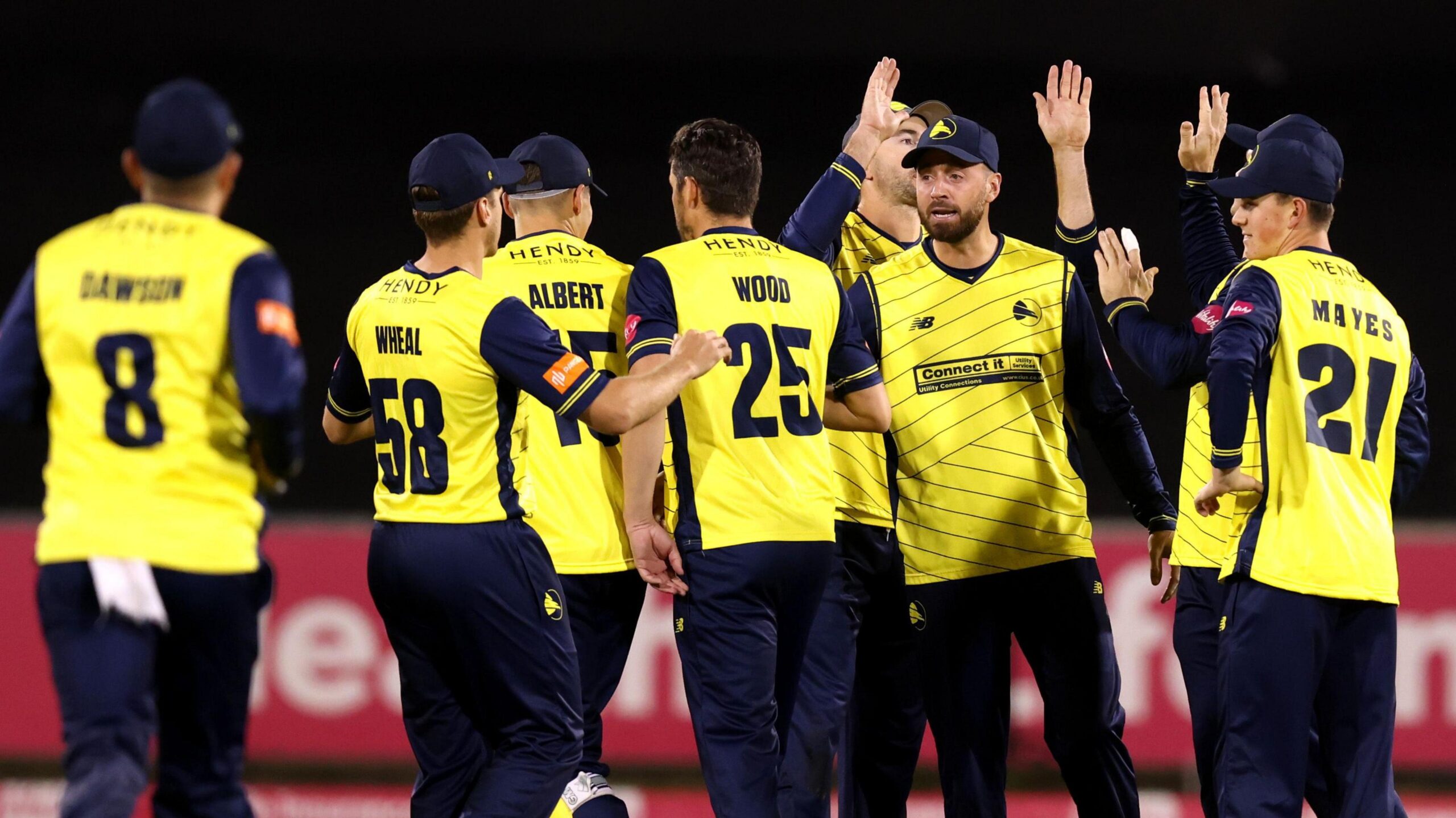 Captain James Vince is at the centre of a Hampshire huddle after the team take a wicket away to Durham in the T20 Blast quarter-final