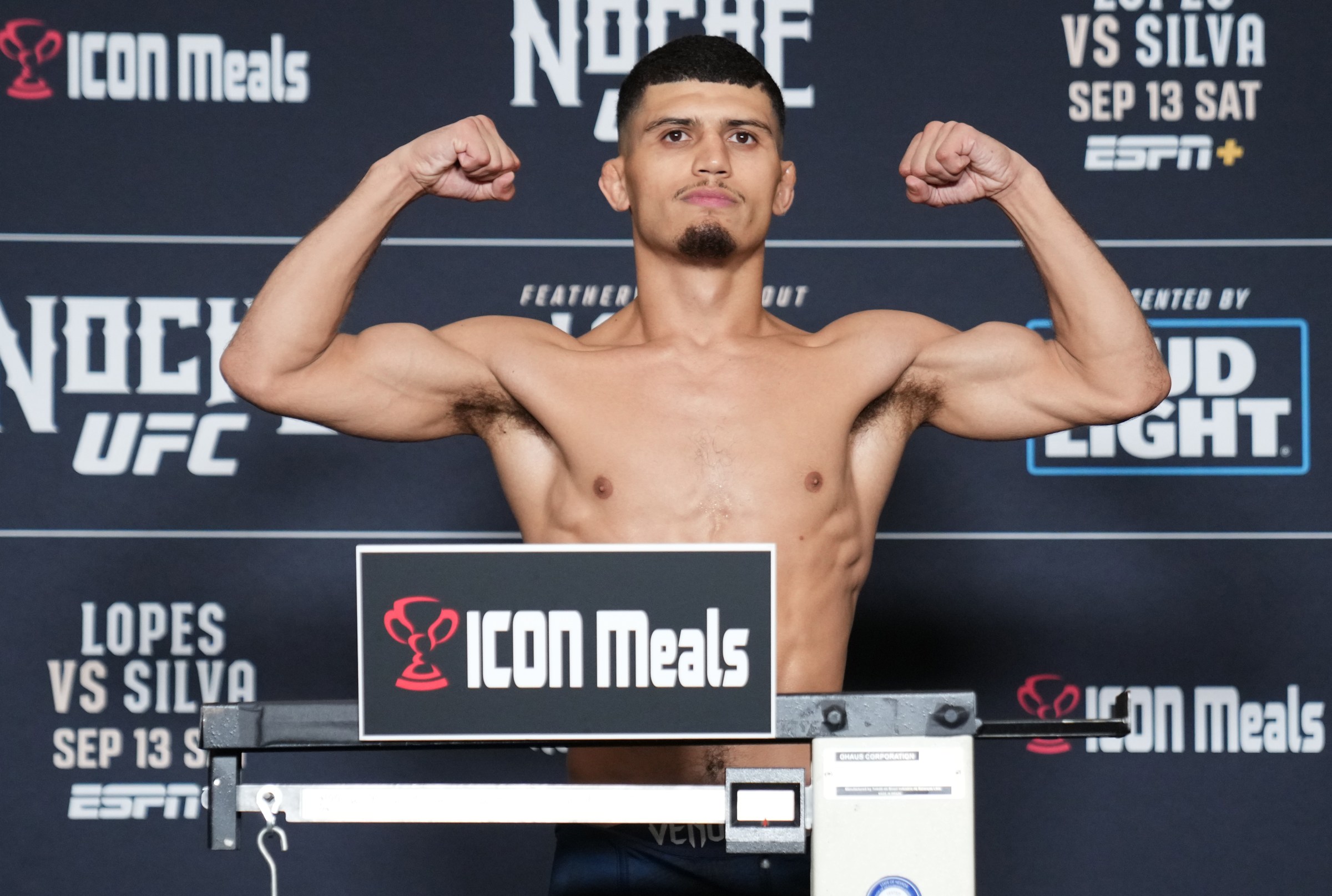 SAN ANTONIO, TEXAS - SEPTEMBER 12: Alden Coria poses on the scale during the Noche UFC official weigh-in at the InterContinental San Antonio Riverwalk hotel on September 12, 2025 in San Antonio, Texas. (Photo by Mike Roach/Zuffa LLC via Getty Images)