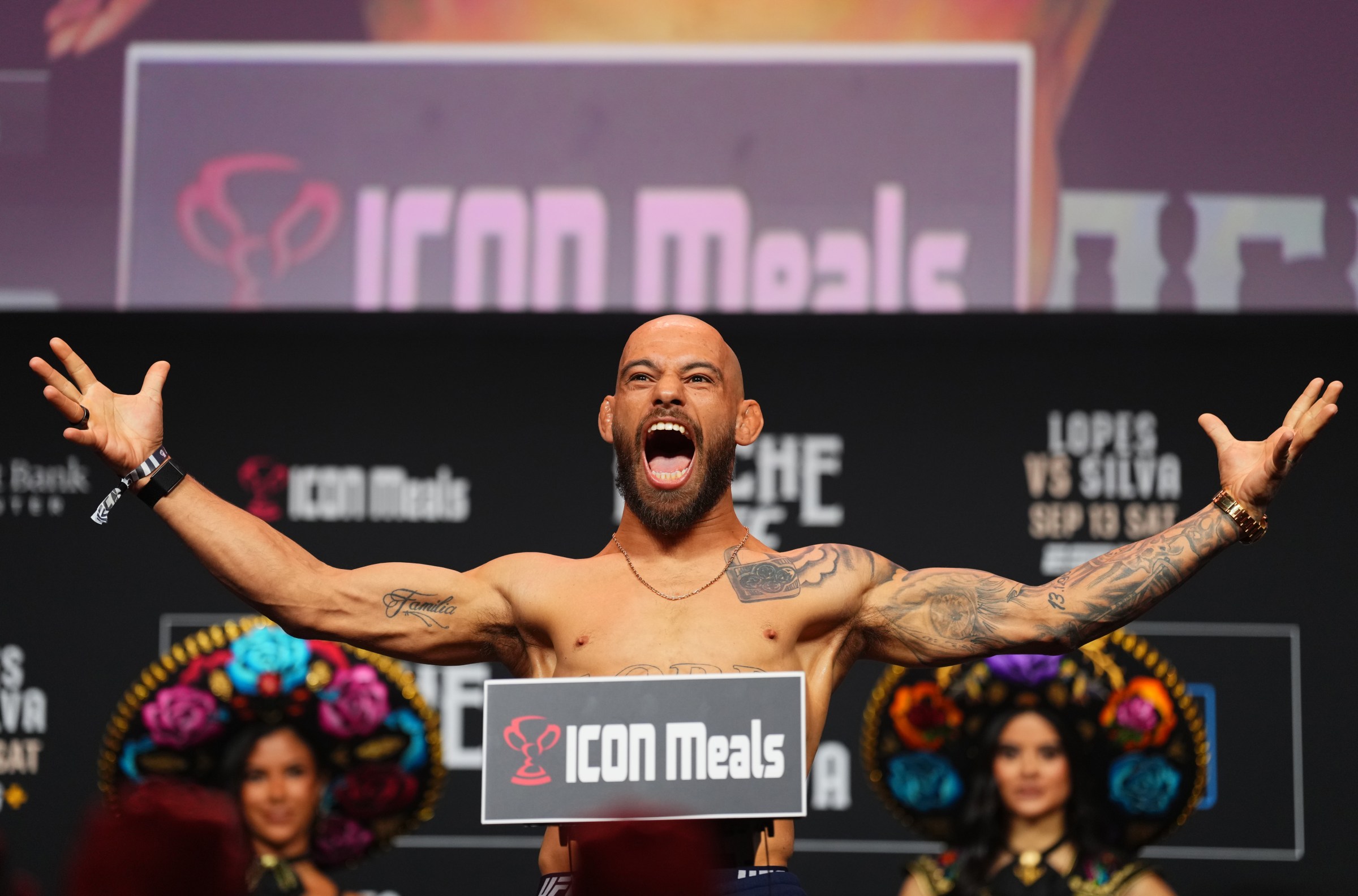 SAN ANTONIO, TEXAS - SEPTEMBER 12: Jean Silva of Brazil poses on the scale during the Noche UFC ceremonial weigh-in at Frost Bank Center on September 12, 2025 in San Antonio, Texas. (Photo by Cooper Neill/Zuffa LLC via Getty Images)