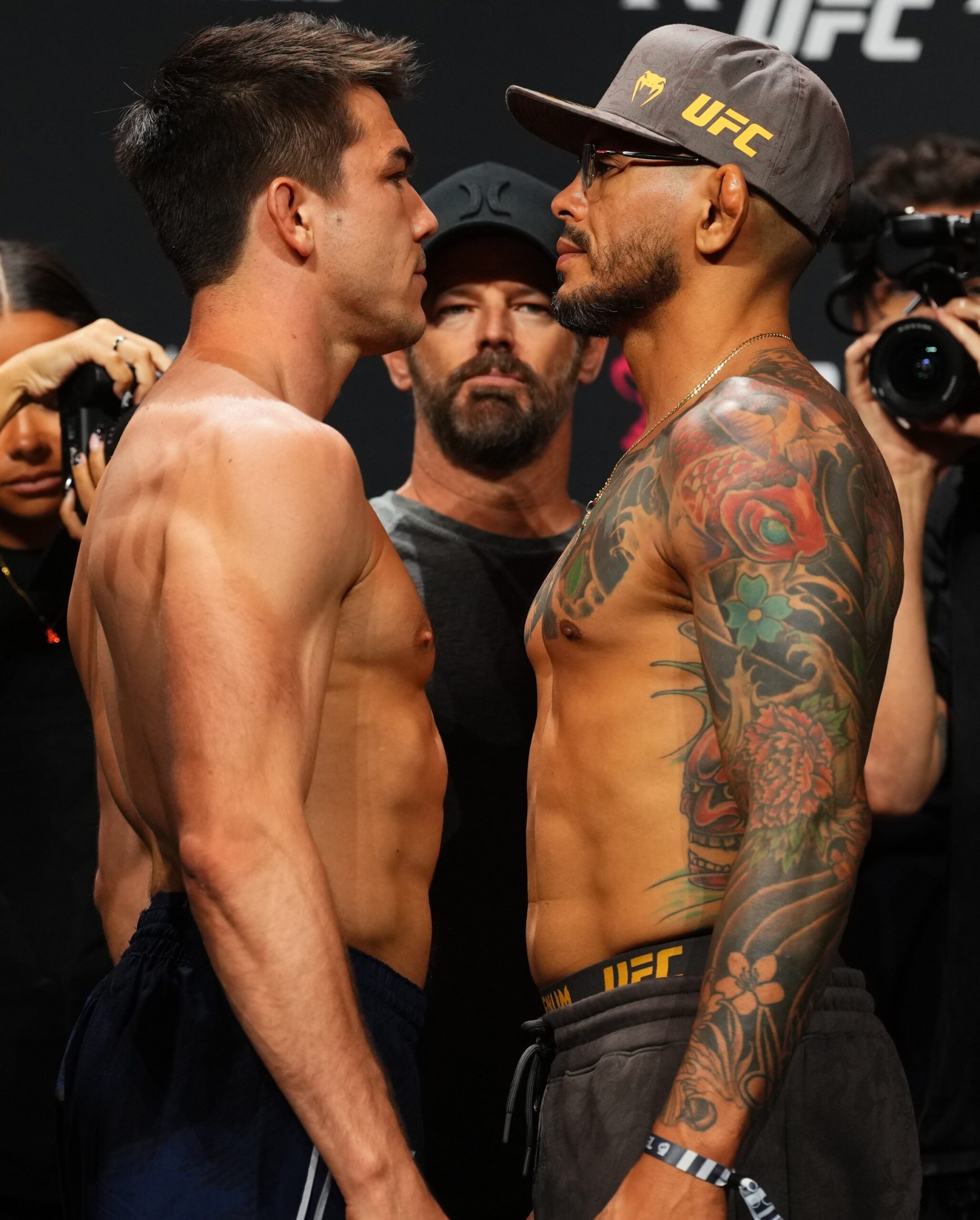 SAN ANTONIO, TEXAS - SEPTEMBER 12: (L-R) Opponents Alexander Hernandez and Diego Ferreira of Brazil face off during the Noche UFC ceremonial weigh-in at Frost Bank Center on September 12, 2025 in San Antonio, Texas. (Photo by Cooper Neill/Zuffa LLC via Getty Images)