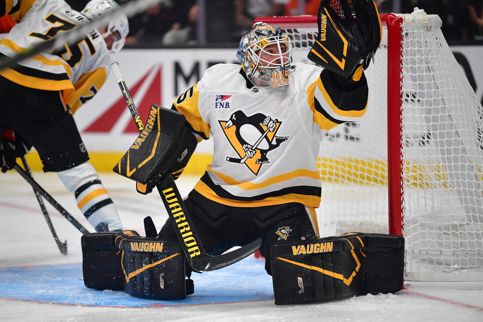 Oct 14, 2025; Anaheim, California, USA; Pittsburgh Penguins goaltender Tristan Jarry (35) defends the goal against the Anaheim Ducks during the second period at Honda Center. Mandatory Credit: Gary A. Vasquez-Imagn Images
