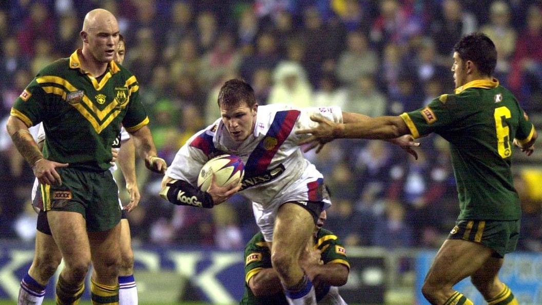 Great Britain's Stuart Fielden takes on the Australia defence in the 2001 Rugby League Ashes series