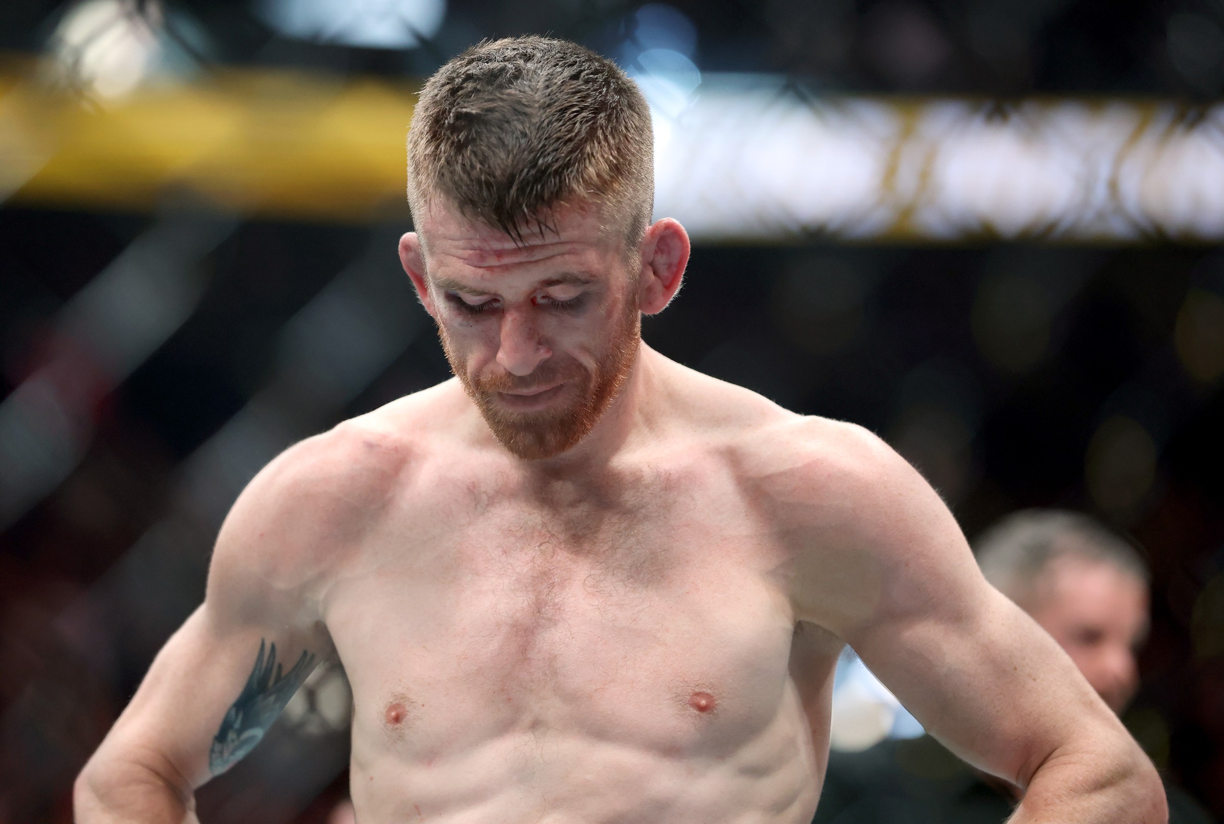 LAS VEGAS, NEVADA - OCTOBER 04: Cory Sandhagen of the United States reacts after losing to Merab Dvalishvili of Georgia during a bantamweight title bout in UFC 320: Ankalaev vs Pereira 2 at T-Mobile Arena on October 04, 2025 in Las Vegas, Nevada. (Photo by Sean M. Haffey/Getty Images)
