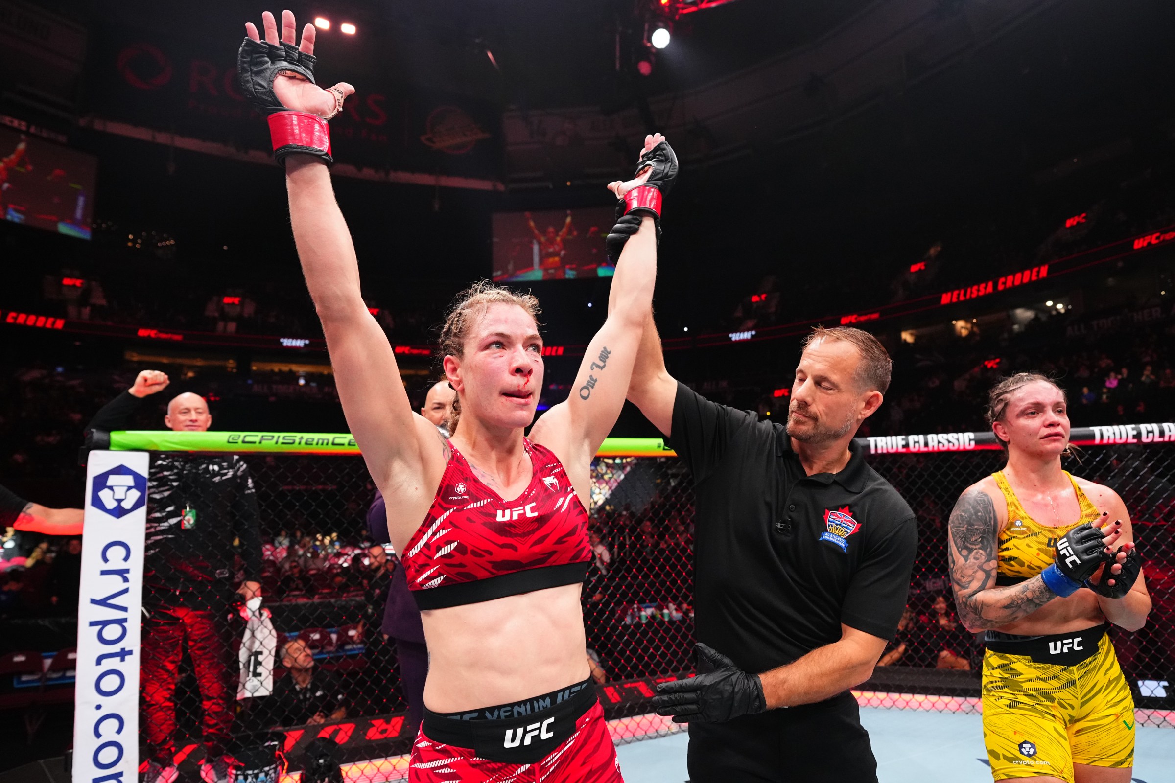 VANCOUVER, BRITISH COLUMBIA - OCTOBER 18: Melissa Croden of Canada reacts after a TKO victory against Tainara Lisboa of Brazil in a bantamweight fight during the UFC Fight Night event at Rogers Arena on October 18, 2025 in Vancouver, British Columbia. (Photo by Jeff Bottari/Zuffa LLC)