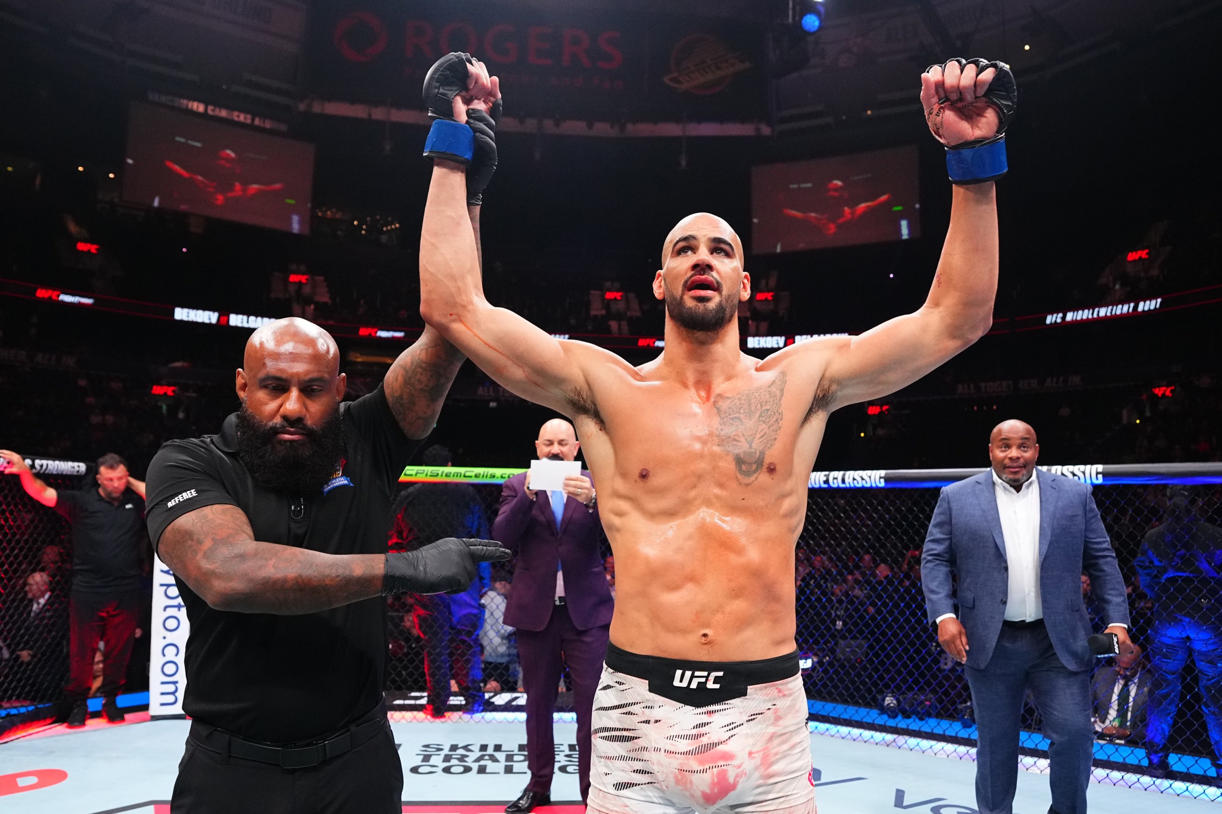 VANCOUVER, BRITISH COLUMBIA - OCTOBER 18: Yousri Belgaroui of The Netherlands reacts after a TKO victory against Azamat Bekoev of Russia in a middleweight fight during the UFC Fight Night event at Rogers Arena on October 18, 2025 in Vancouver, British Columbia. (Photo by Jeff Bottari/Zuffa LLC)