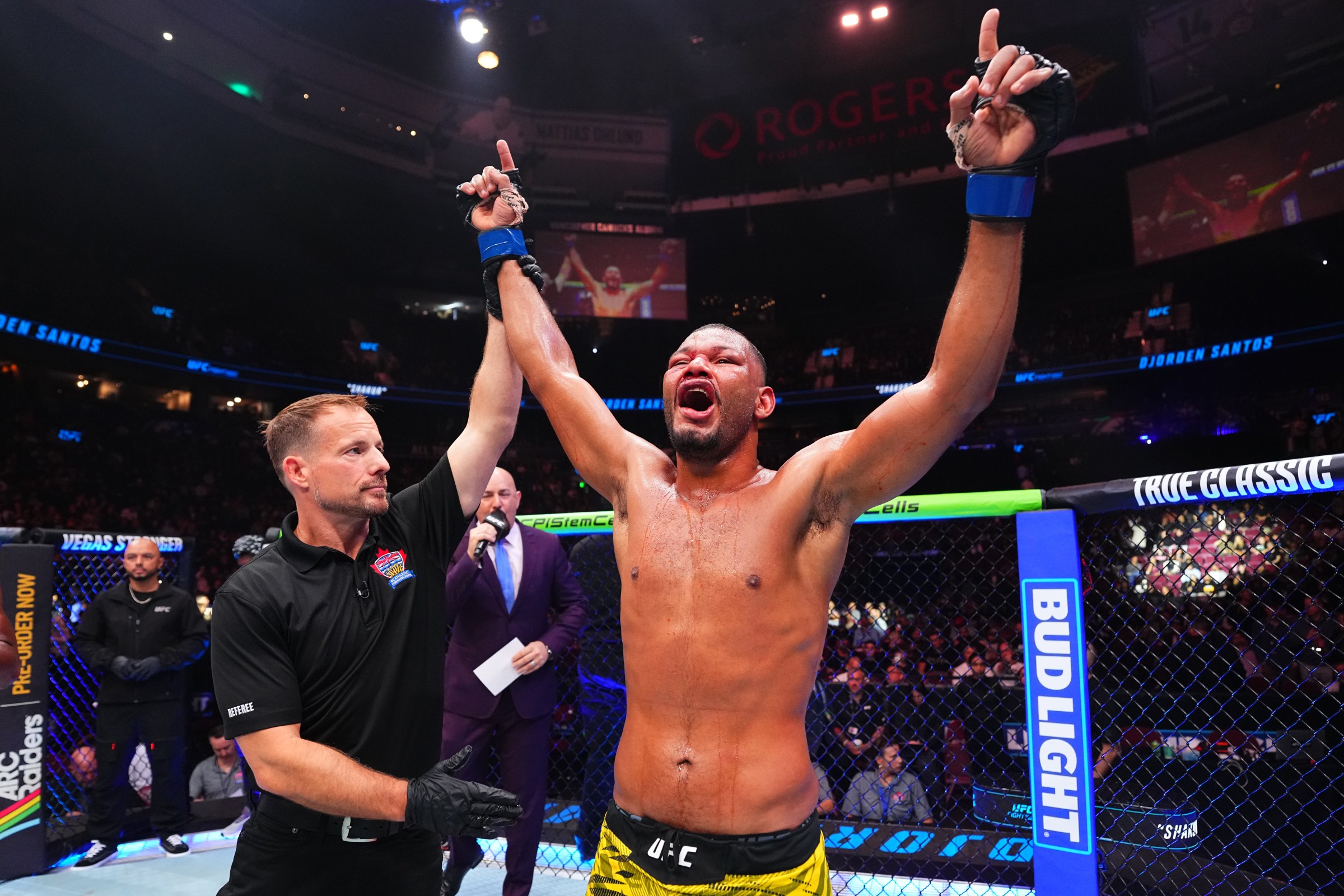 VANCOUVER, BRITISH COLUMBIA - OCTOBER 18: Djorden Santos of Brazil reacts after a victory against Danny Barlow in a middleweight fight during the UFC Fight Night event at Rogers Arena on October 18, 2025 in Vancouver, British Columbia. (Photo by Jeff Bottari/Zuffa LLC)