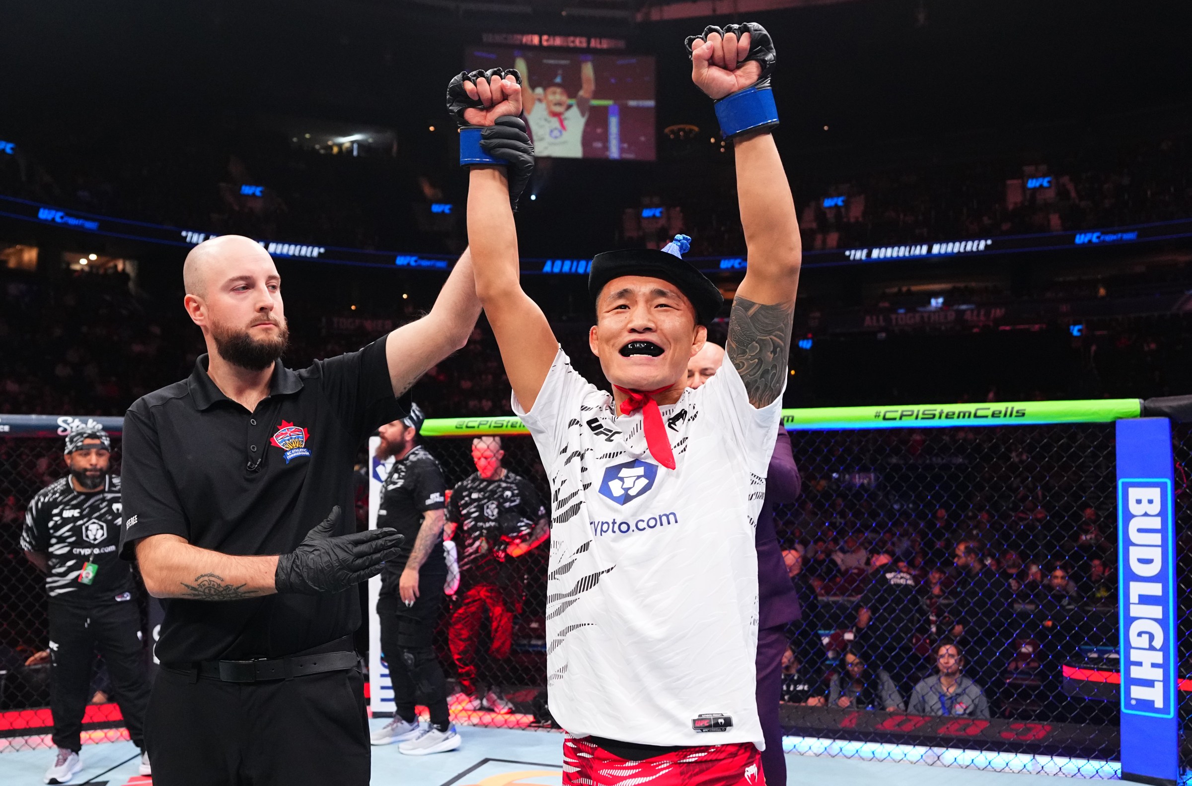 VANCOUVER, BRITISH COLUMBIA - OCTOBER 18: Aoriqileng of China reacts after a knockout victory against Cody Gibson in a bantamweight fight during the UFC Fight Night event at Rogers Arena on October 18, 2025 in Vancouver, British Columbia. (Photo by Jeff Bottari/Zuffa LLC)