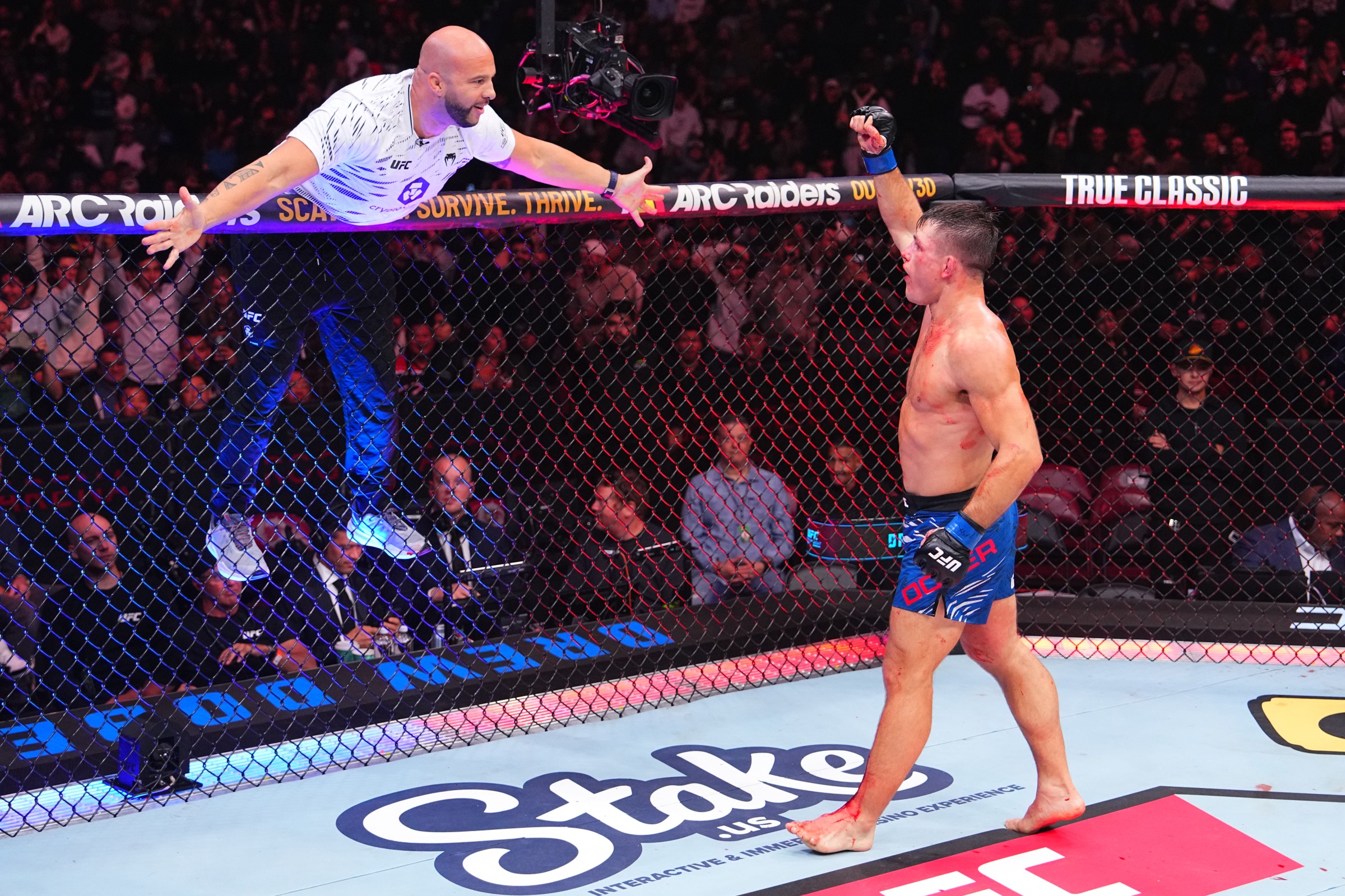 VANCOUVER, BRITISH COLUMBIA - OCTOBER 18: Drew Dober reacts after a TKO victory against Kyle Prepolec of Canada in a lightweight fight during the UFC Fight Night event at Rogers Arena on October 18, 2025 in Vancouver, British Columbia. (Photo by Jeff Bottari/Zuffa LLC)