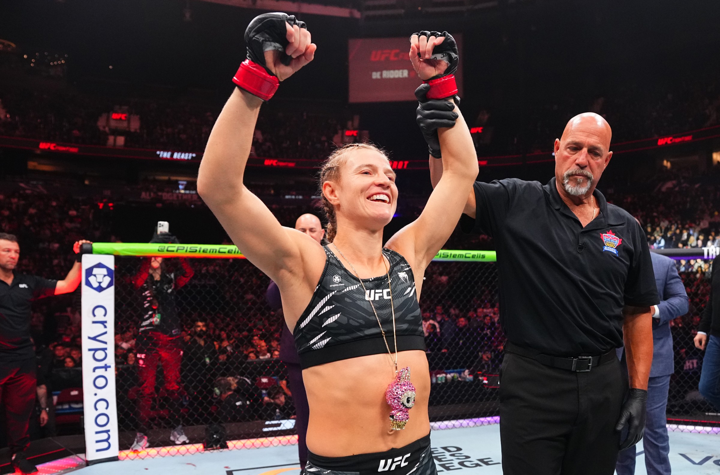 VANCOUVER, BRITISH COLUMBIA - OCTOBER 18: Manon Fiorot of France reacts after a TKO victory against Jasmine Jasudavicius of Canada in a flyweight fight during the UFC Fight Night event at Rogers Arena on October 18, 2025 in Vancouver, British Columbia. (Photo by Jeff Bottari/Zuffa LLC)