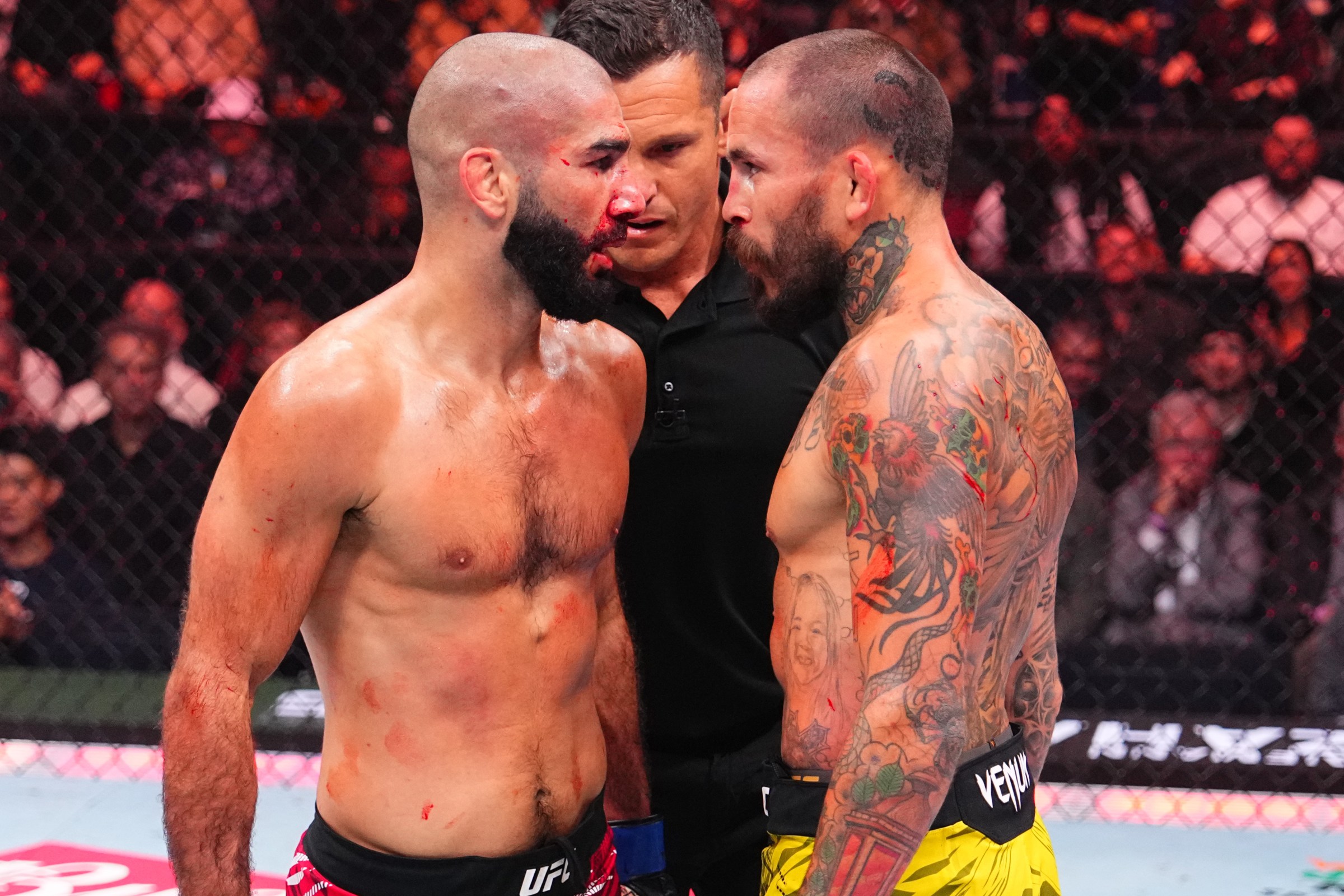 VANCOUVER, BRITISH COLUMBIA - OCTOBER 18: (R-L) Marlon Vera of Ecuador and Aiemann Zahabi of Canada stare each other down after round three in a bantamweight fight during the UFC Fight Night event at Rogers Arena on October 18, 2025 in Vancouver, British Columbia. (Photo by Jeff Bottari/Zuffa LLC)