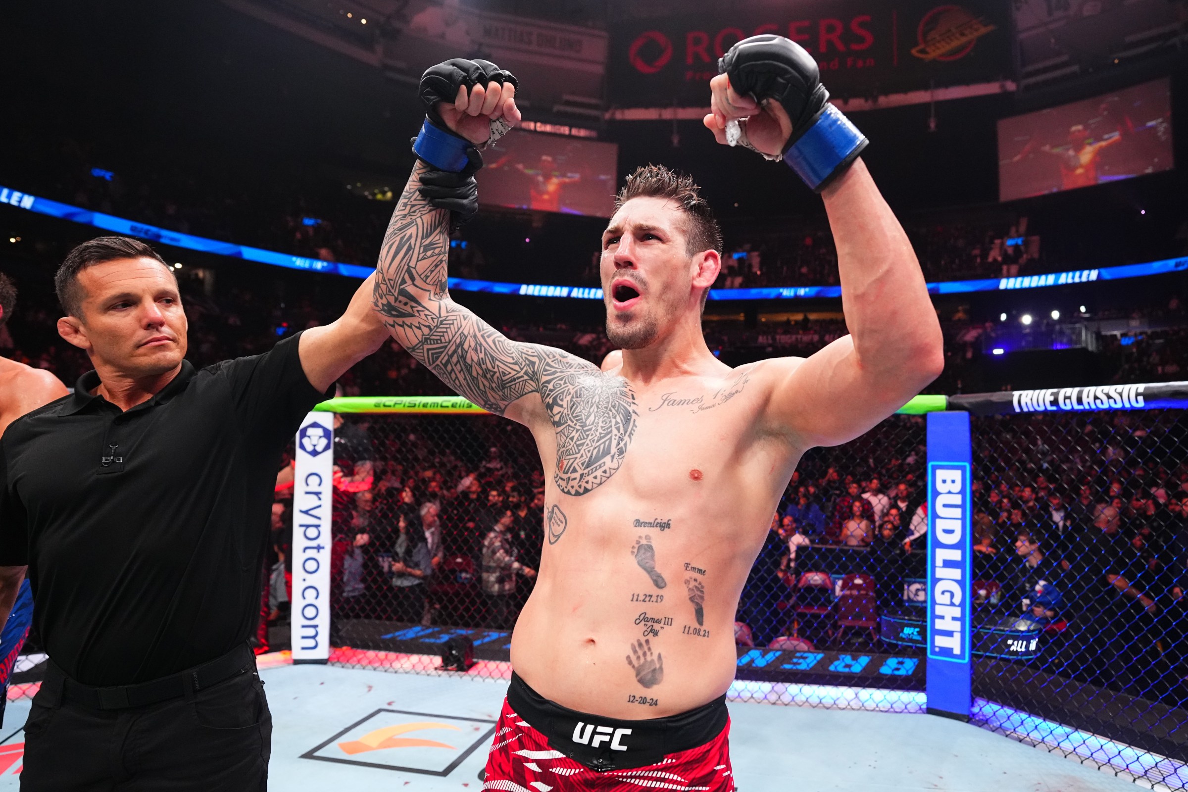 VANCOUVER, BRITISH COLUMBIA - OCTOBER 18: Brendan Allen reacts after a TKO victory against Reinier de Ridder of The Netherlands in a middleweight fight during the UFC Fight Night event at Rogers Arena on October 18, 2025 in Vancouver, British Columbia. (Photo by Jeff Bottari/Zuffa LLC)