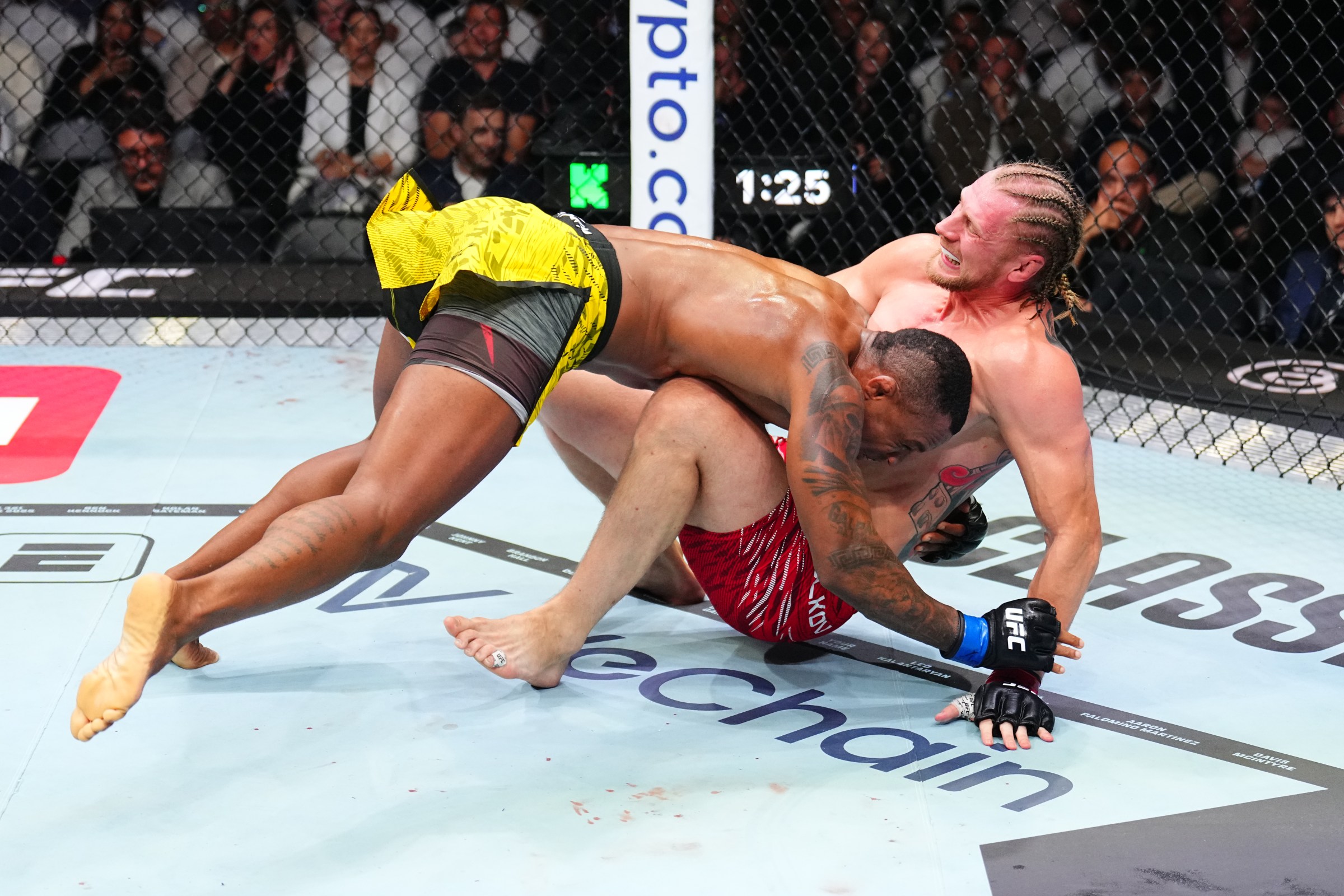 ABU DHABI, UNITED ARAB EMIRATES - OCTOBER 25: (L-R) Jailton Almeida of Brazil takes down Alexander Volkov of Russia in a heavyweight fight during the UFC 321 event at Etihad Arena on October 25, 2025 in Abu Dhabi, United Arab Emirates. (Photo by Chris Unger/Zuffa LLC)