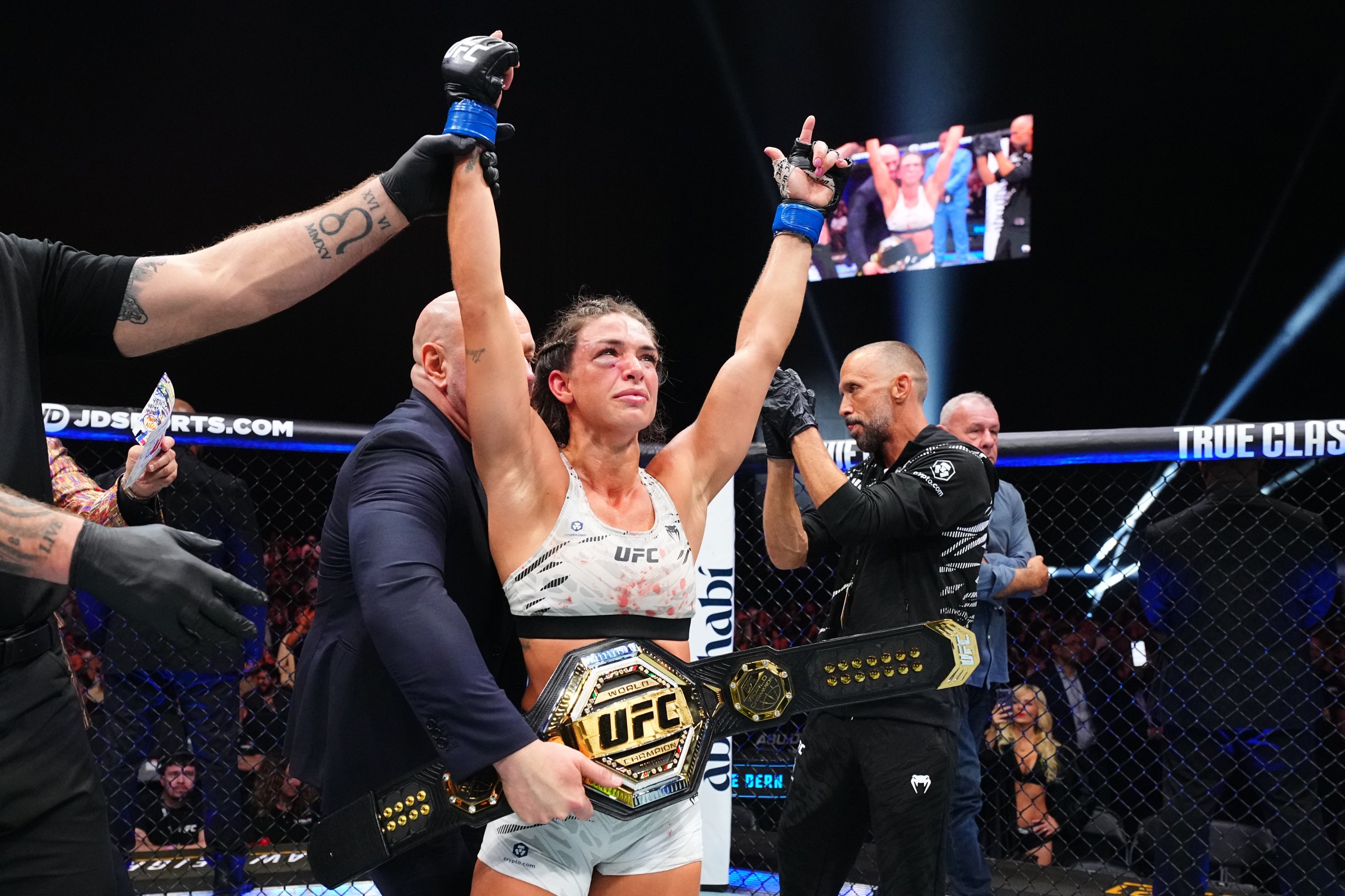 ABU DHABI, UNITED ARAB EMIRATES - OCTOBER 25: Mackenzie Dern reacts after a victory against Virna Jandiroba of Brazil in the UFC strawweight championship fight during the UFC 321 event at Etihad Arena on October 25, 2025 in Abu Dhabi, United Arab Emirates. (Photo by Chris Unger/Zuffa LLC)