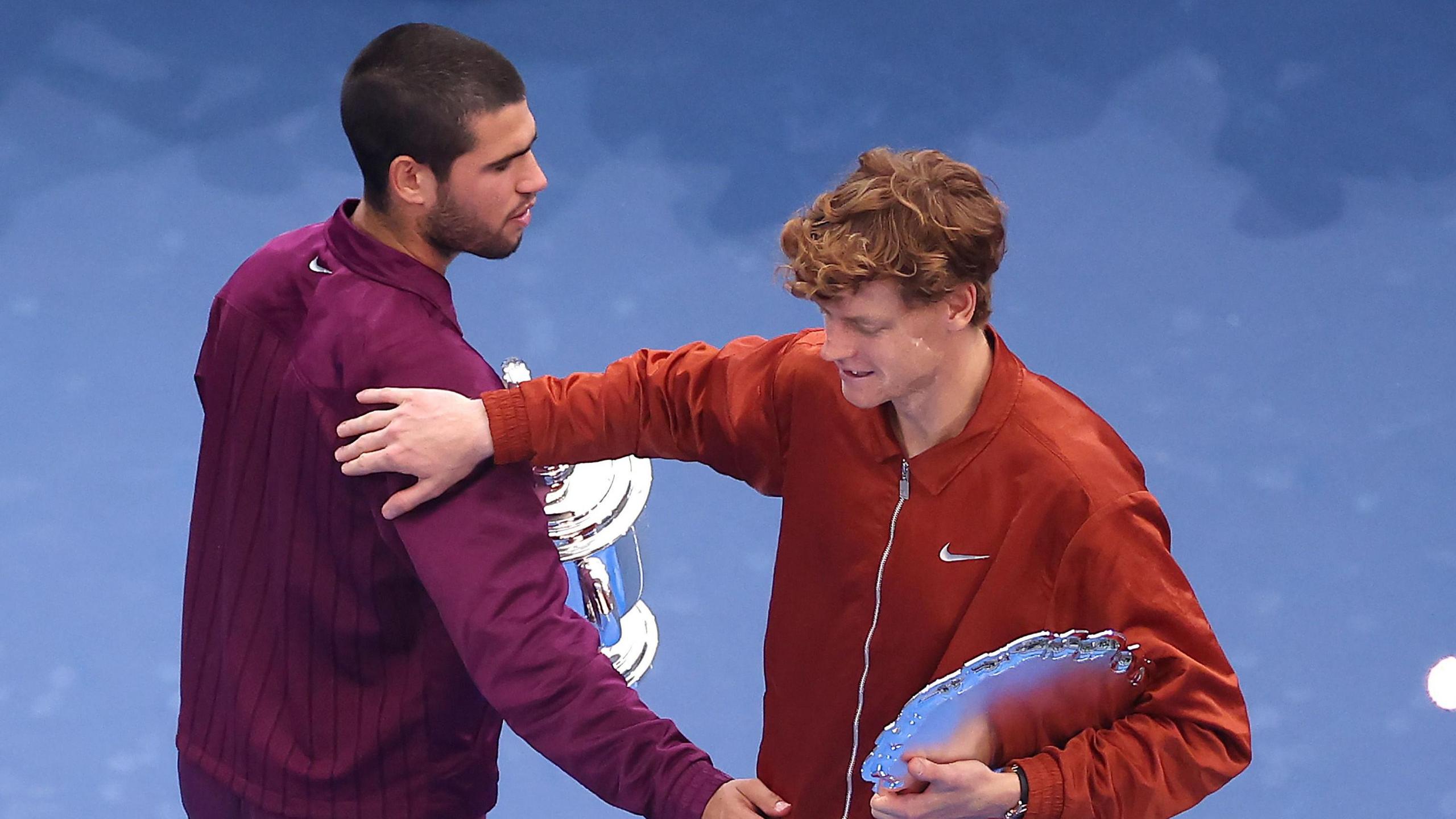Carlos Alcaraz and Jannik Sinner congratulate each other after their 2025 US Open final