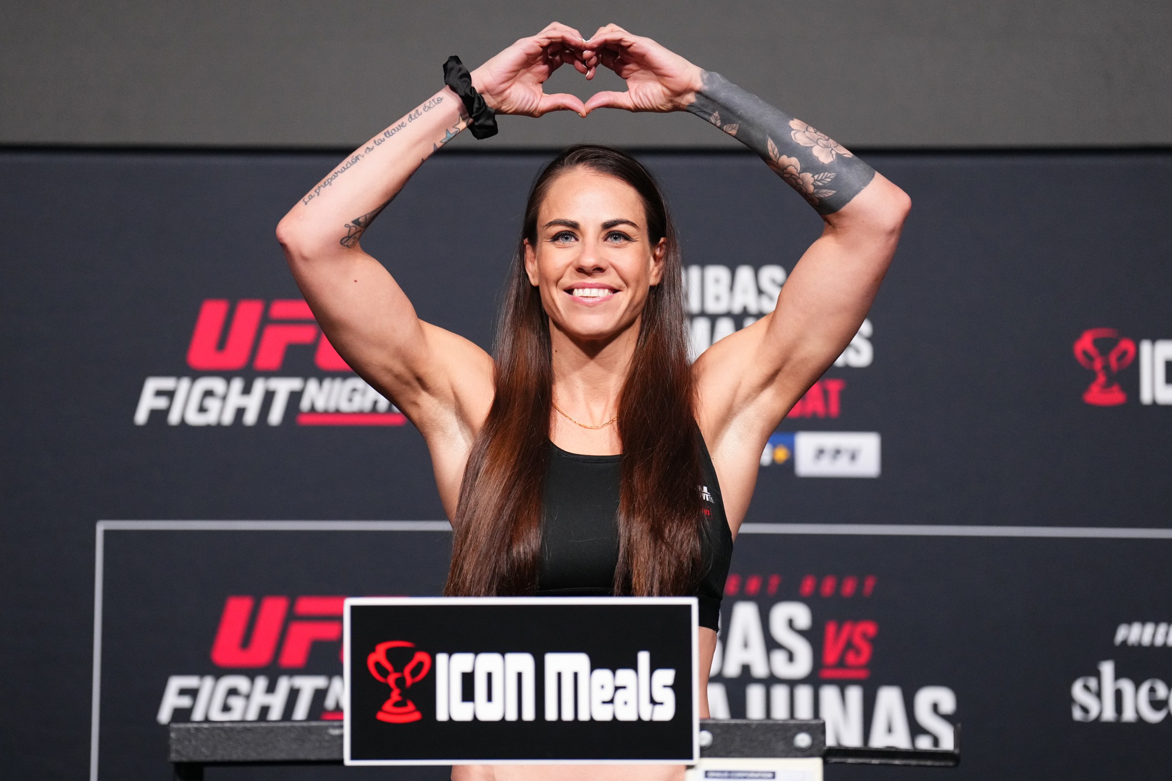 LAS VEGAS, NEVADA - MARCH 22: Montserrat Rendon of Mexico poses on the scale during the UFC Fight Night weigh-in at UFC APEX on March 22, 2024 in Las Vegas, Nevada. (Photo by Chris Unger/Zuffa LLC via Getty Images)