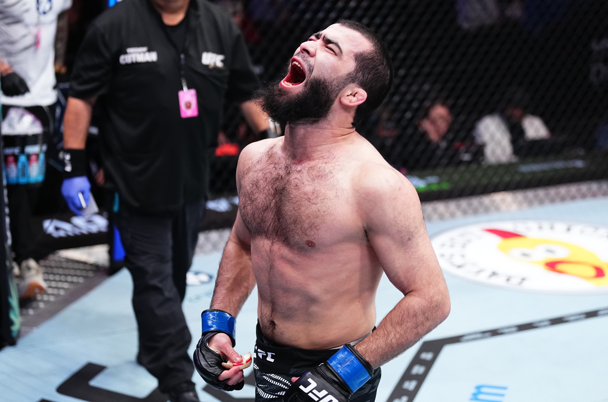 INGLEWOOD, CALIFORNIA - JANUARY 18: Muin Gafurov of Tajikistan reacts after the second round against Rinya Nakamura of Japan in a bantamweight fight during the UFC 311 event at Intuit Dome on January 18, 2025 in Inglewood, California. (Photo by Jeff Bottari/Zuffa LLC)