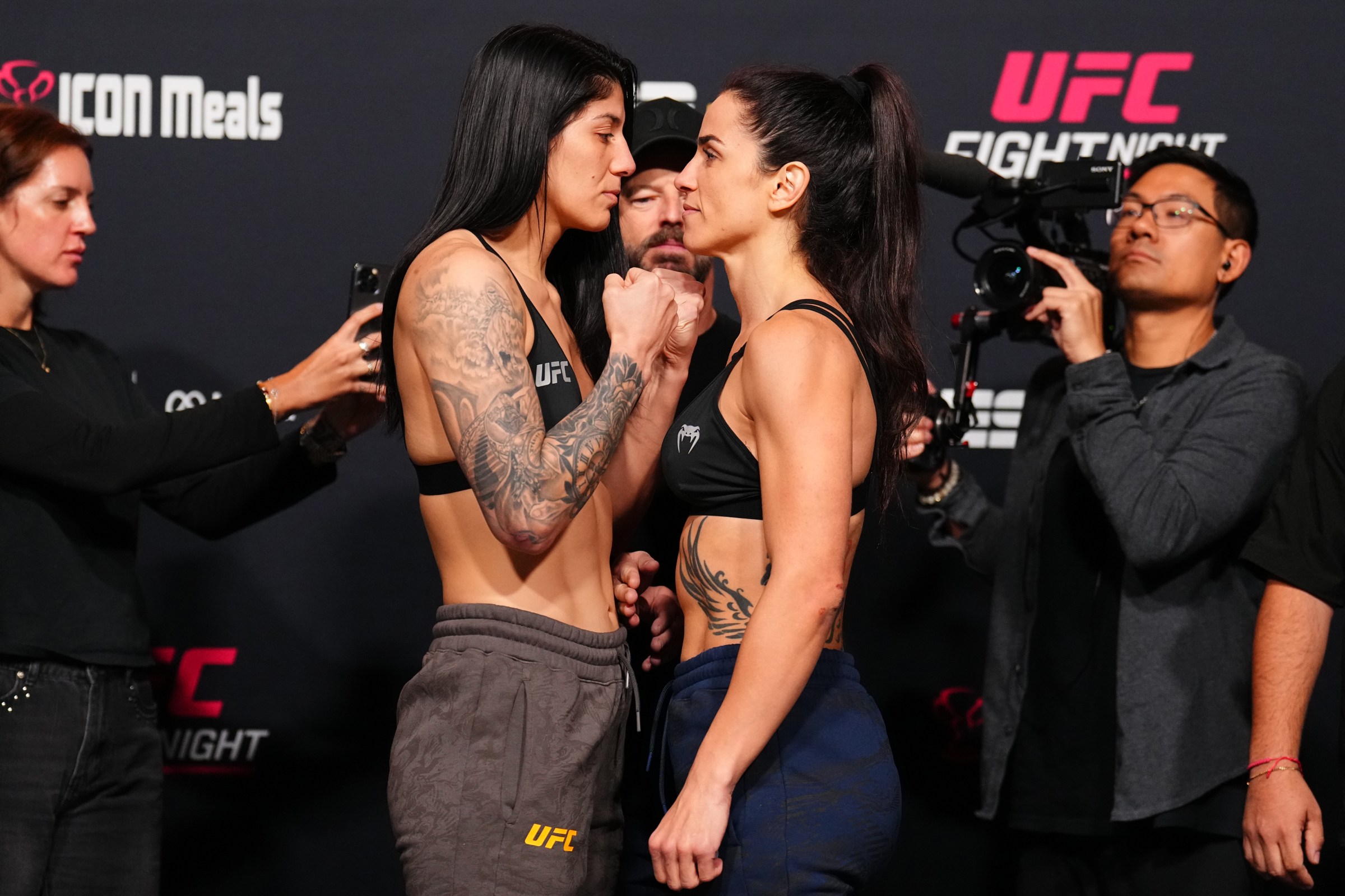 LAS VEGAS, NEVADA - OCTOBER 31: (L-R) Opponents Ketlen Vieira of Brazil and Norma Dumont of Brazil face off during the UFC Fight Night weigh-in at UFC APEX on October 31, 2025 in Las Vegas, Nevada. (Photo by Chris Unger/Zuffa LLC)
